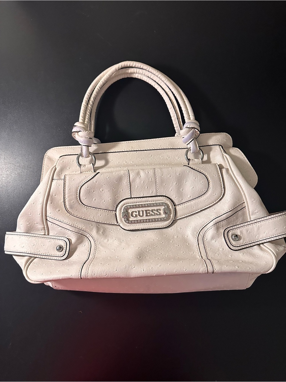 GUESS Faux Ostrich Large Cream Tote Handbag